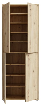 XL-Schuhschrank aus Holz mit vier Türen, geöffnet, zeigt mehrere Regalböden. Frontalansicht.