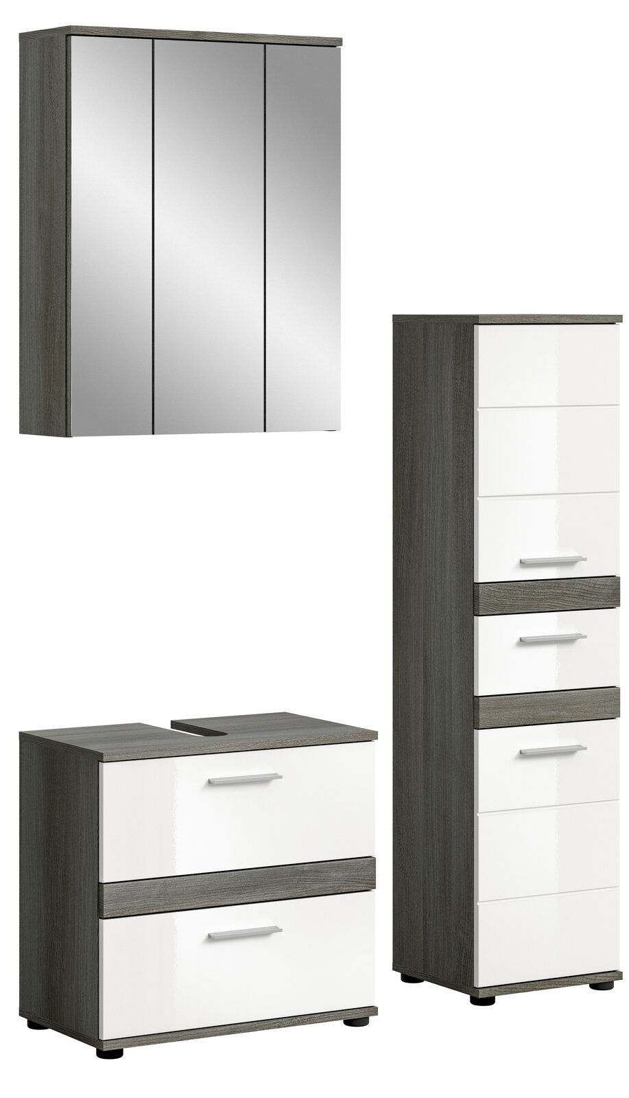 MID.YOU Badkombination BLAKE Badezimmermöbel-Set bestehend aus einem Spiegelschrank, einem Hochschrank und einem Waschtischunterschrank in moderner Holzoptik, Frontalansicht