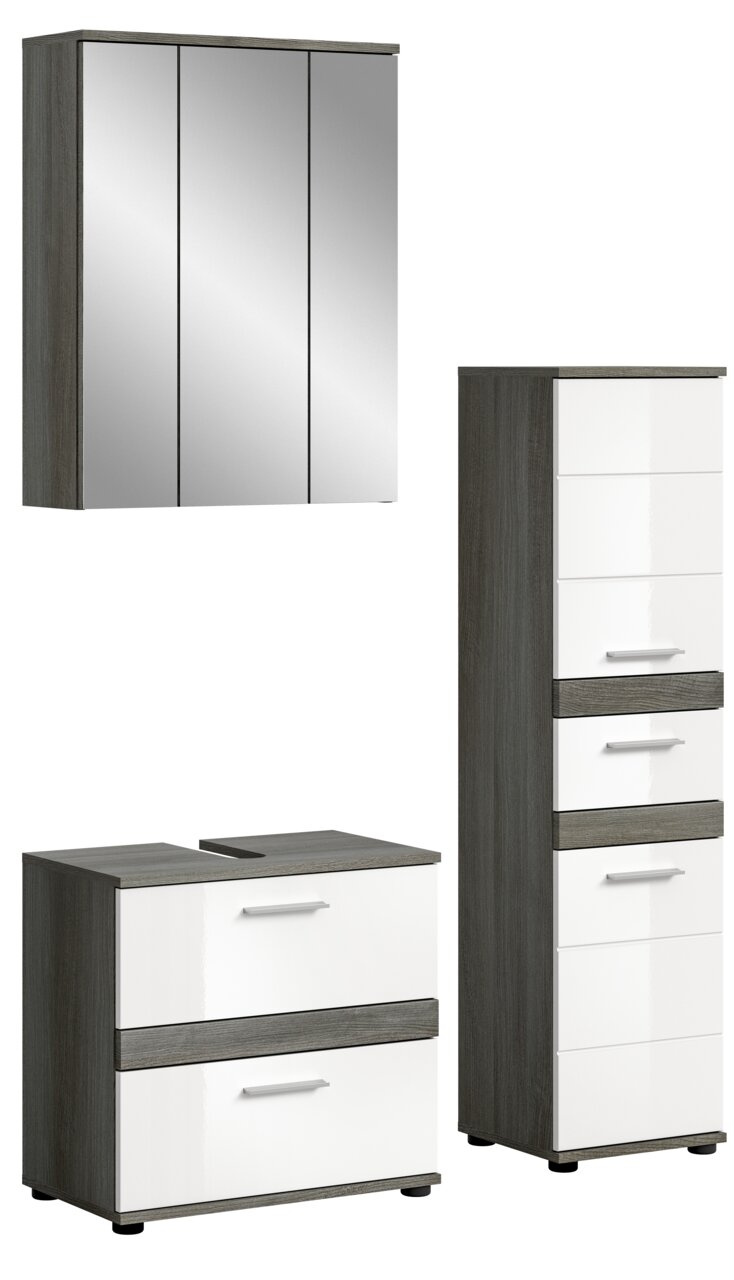 Badezimmermöbel-Set bestehend aus einem Spiegelschrank, einem Hochschrank und einem Waschtischunterschrank in moderner Holzoptik, Frontalansicht