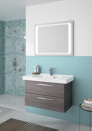 Moderner Badblock mit zwei Schubladen in Holzoptik, integriertem Waschbecken und beleuchtetem Spiegel, seitliche Perspektive.