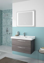 Moderner Badblock mit zwei Schubladen in Holzoptik, integriertem Waschbecken und beleuchtetem Spiegel, seitliche Perspektive.