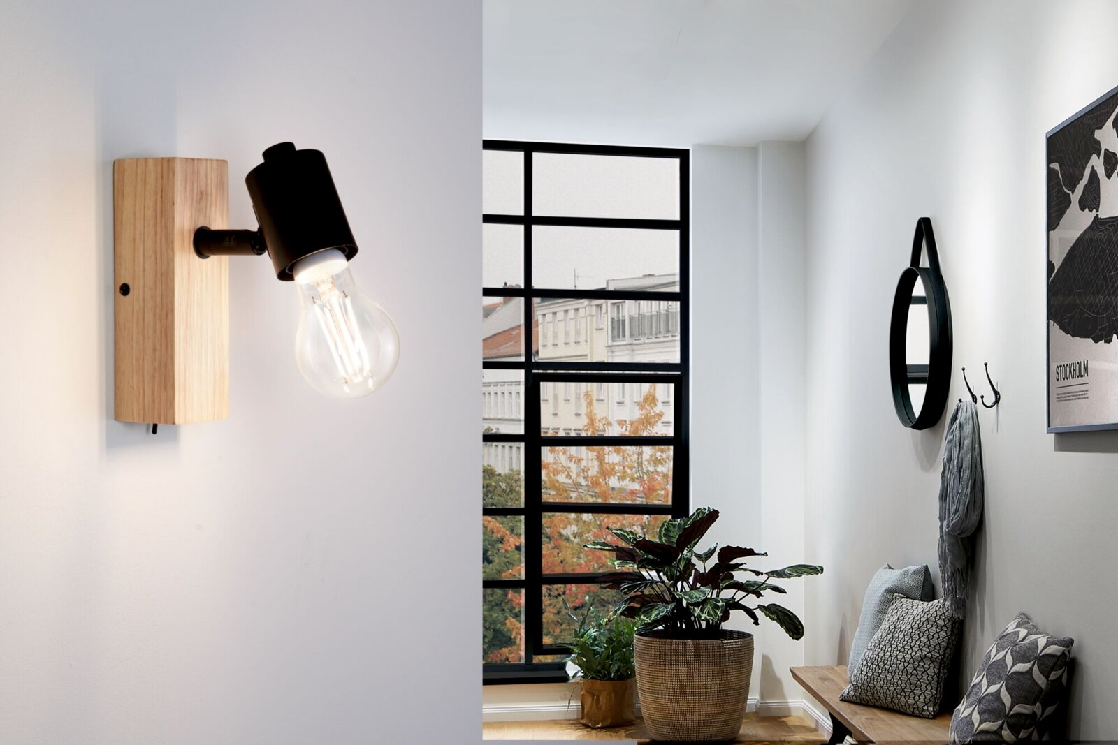 Moderne Wandlampe mit Holz-Wandhalterung und schwarzem, verstellbarem Spot mit sichtbarer Glühbirne, seitliche Nahaufnahme/Frontansicht an weißer Wand