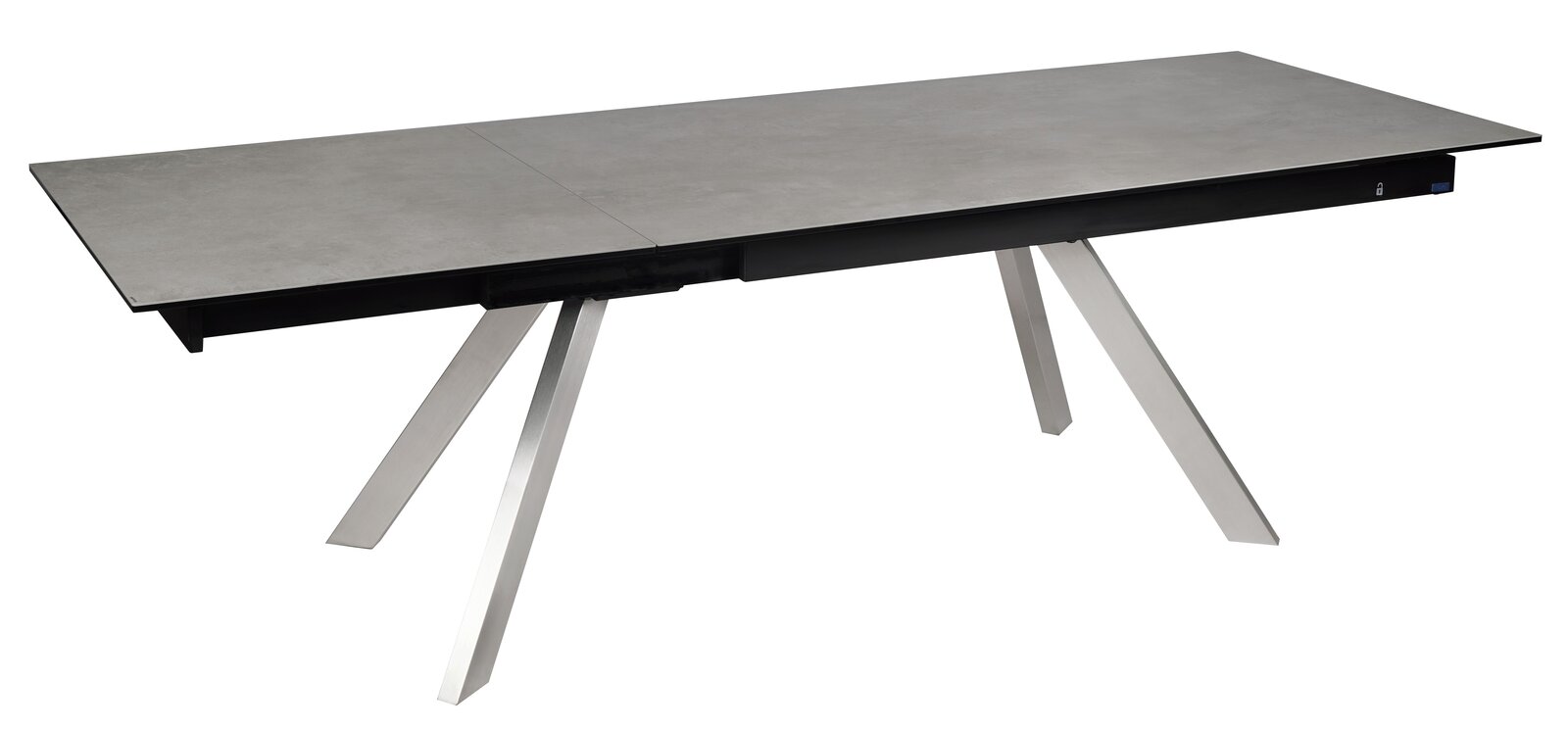 Moderner Esstisch mit grauer Tischplatte und schrägen Metallbeinen, seitliche Perspektive