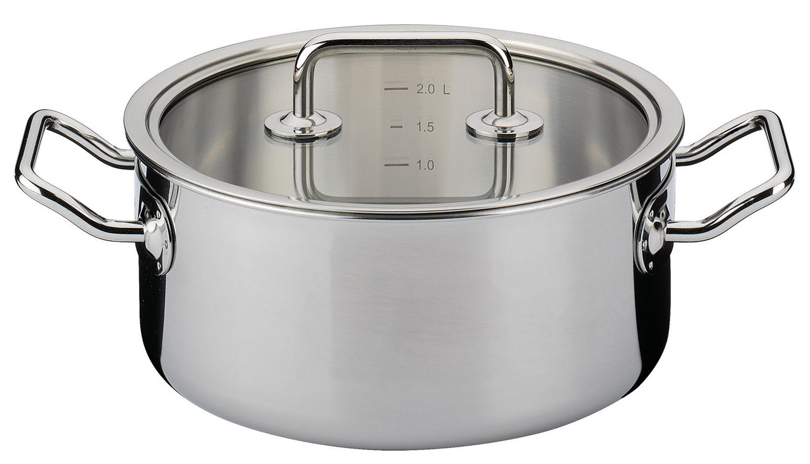 Kochtopf mit Glasdeckel BRIGAD aus Edelstahl, seitliche Perspektive, mit Messskala im Inneren.