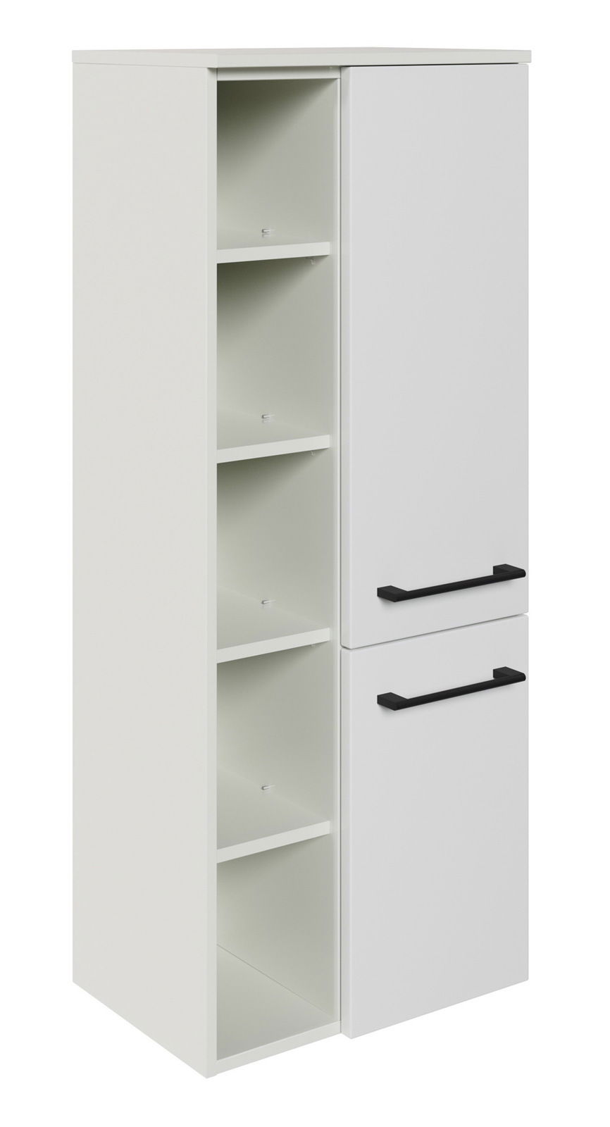 Weißer Midischrank mit offenen Regalfächern links und zwei Türen mit schwarzen Griffen rechts, perspektivisch von vorne links betrachtet.