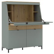 Moderner Sekretär in grauer Farbe mit Holzdetails, geöffnete Frontansicht