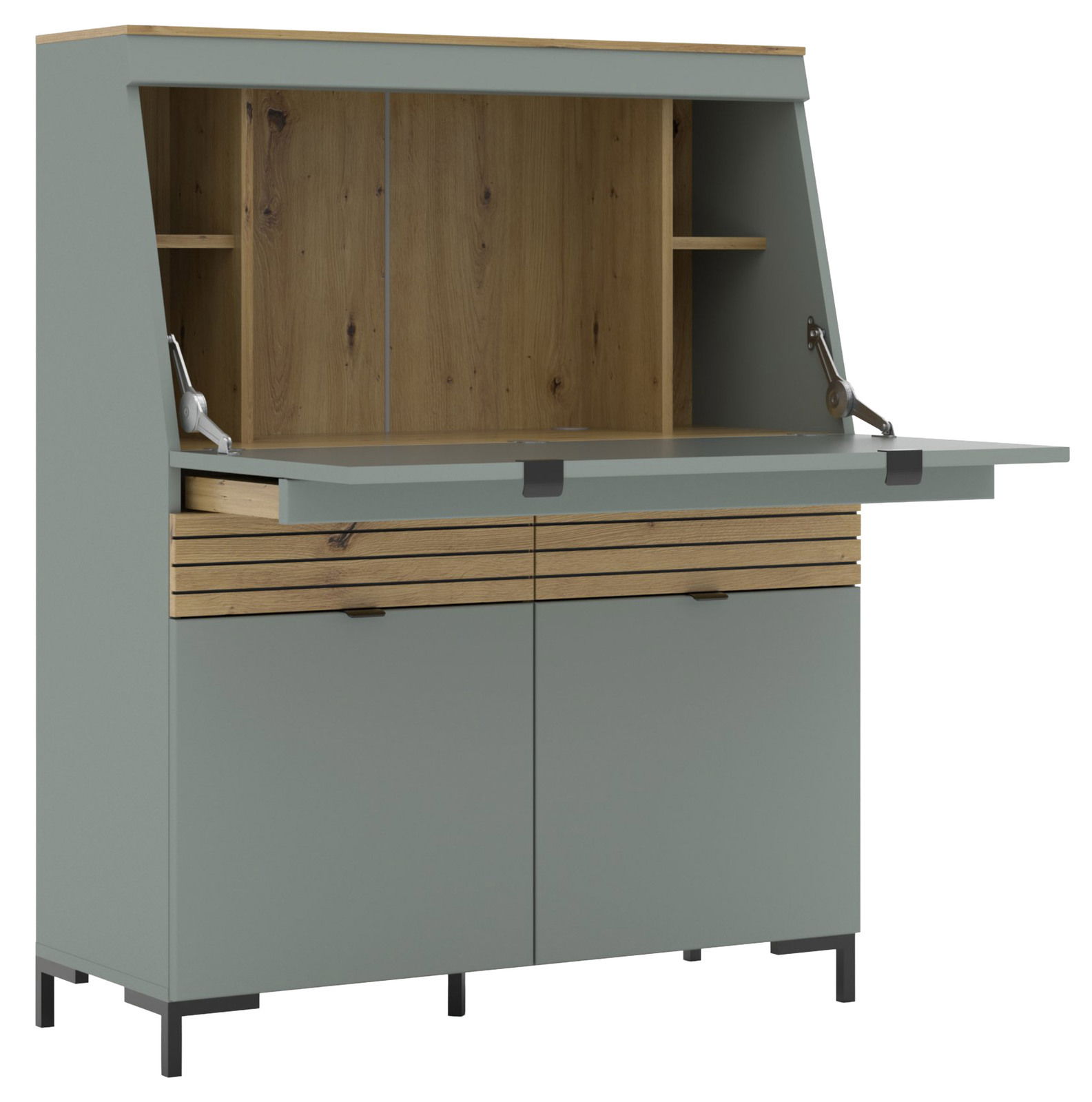 Moderner Sekretär in grauer Farbe mit Holzdetails, geöffnete Frontansicht