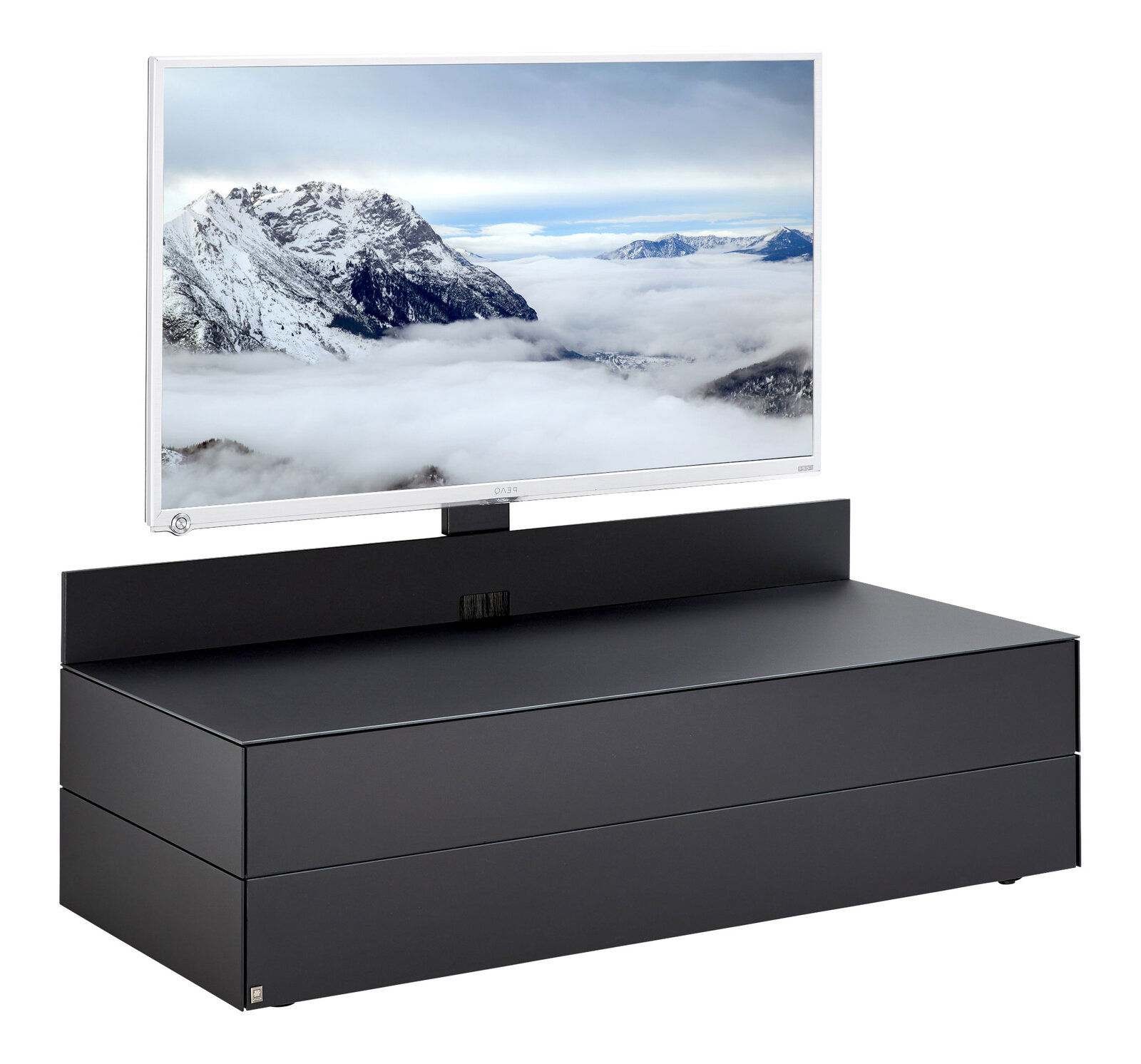 Musterring TV-Lowboard MEDIA-SMART Modernes TV-Lowboard in schwarzem Design mit integriertem TV-Halter, seitliche Perspektive.