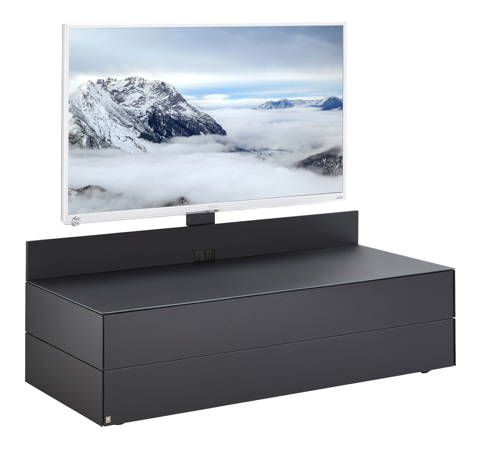 Modernes TV-Lowboard in schwarzem Design mit integriertem TV-Halter, seitliche Perspektive.