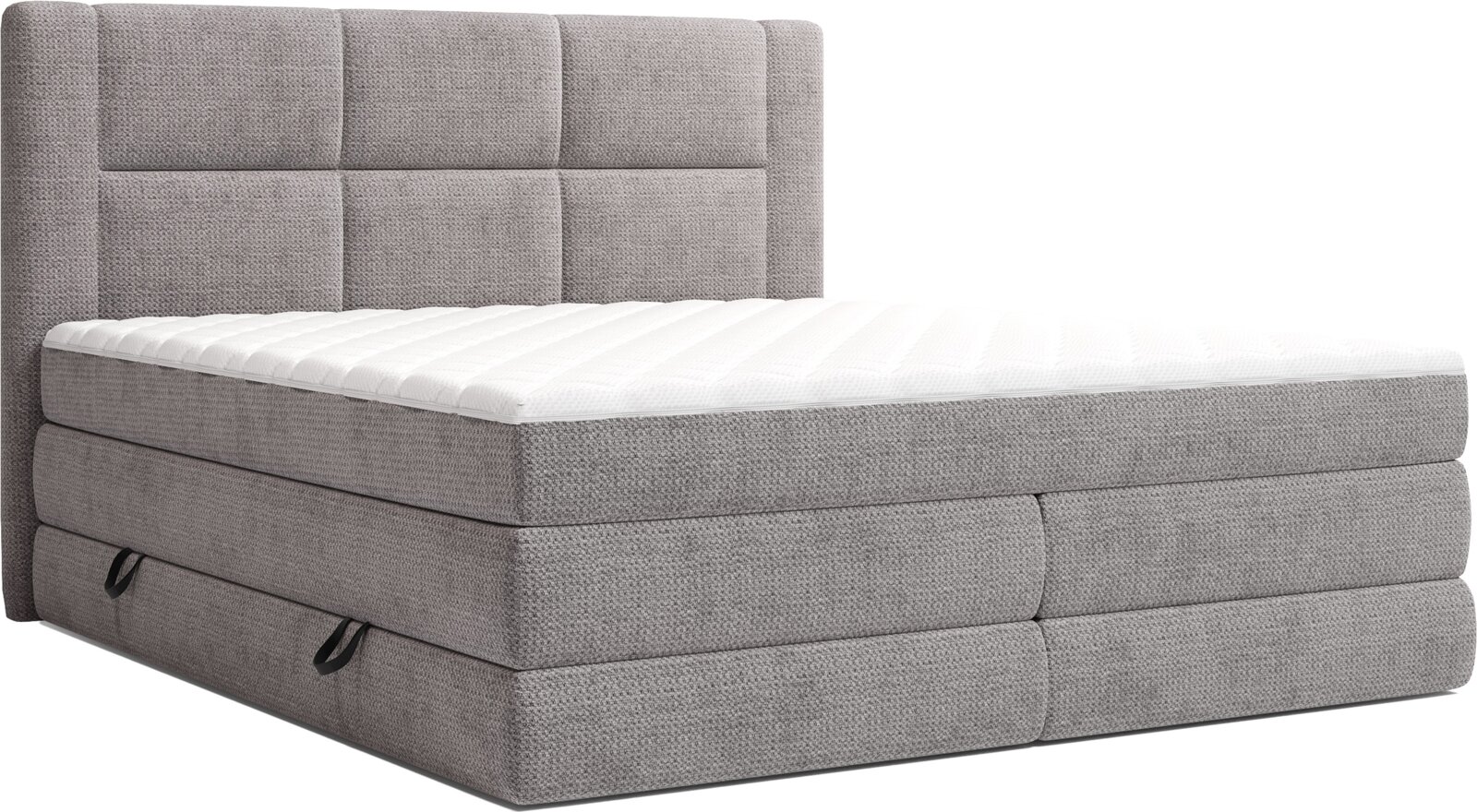 Grijs gestoffeerd boxspringbed met gewatteerd hoofdbord en witte topmatras, schuin van voren gefotografeerd (driekwartaanzicht).