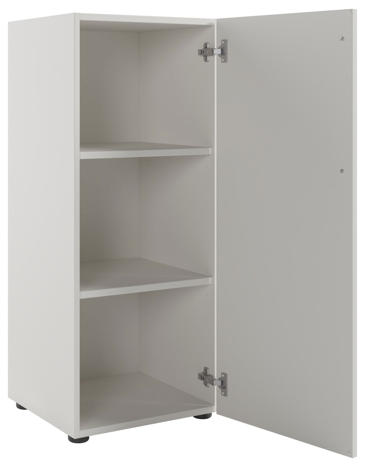 Weißer Aktenschrank mit drei Fächern und geöffneter Tür, Perspektive von vorne rechts