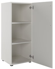 Weißer Aktenschrank mit drei Fächern und geöffneter Tür, Perspektive von vorne rechts