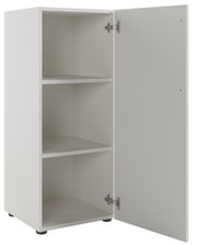 Weißer Aktenschrank mit drei Fächern und geöffneter Tür, Perspektive von vorne rechts