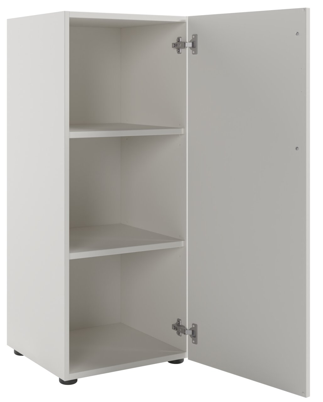 Weißer Aktenschrank mit drei Fächern und geöffneter Tür, Perspektive von vorne rechts