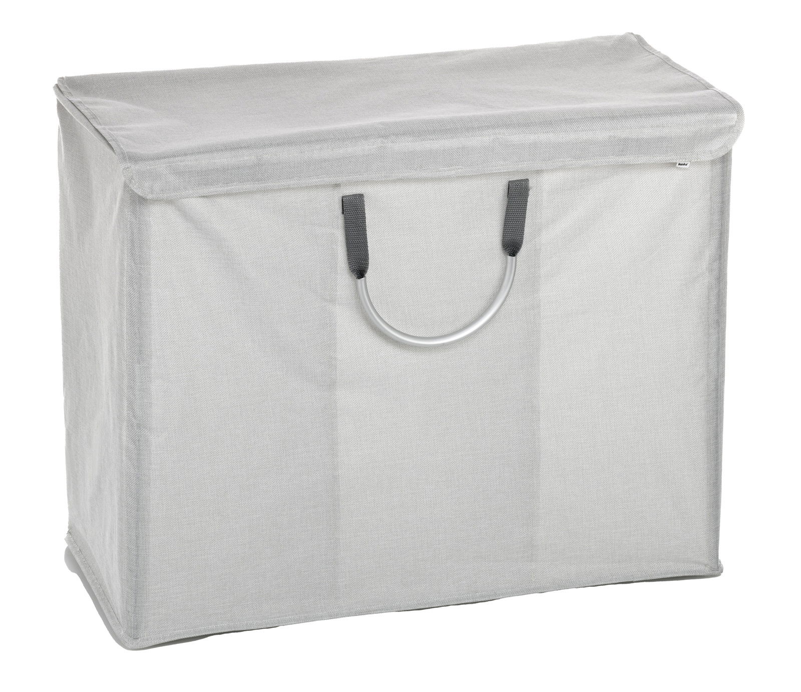 Grauer Wäschesortierer mit Deckel und Tragegriff, seitliche Perspektive