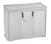 Grauer Wäschesortierer mit Deckel und Tragegriff, seitliche Perspektive