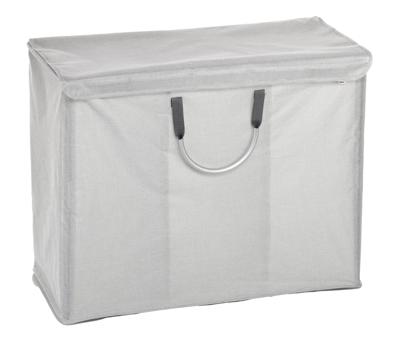 Grauer Wäschesortierer mit Deckel und Tragegriff, seitliche Perspektive