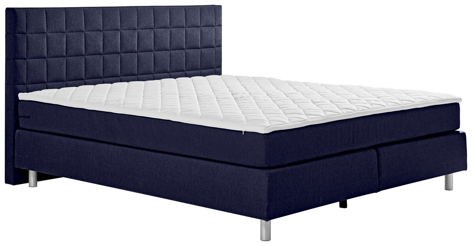 Boxspringbett in dunkelblauem Stoff mit gestepptem Kopfteil, seitliche Perspektive