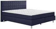 Boxspringbett in dunkelblauem Stoff mit gestepptem Kopfteil, seitliche Perspektive