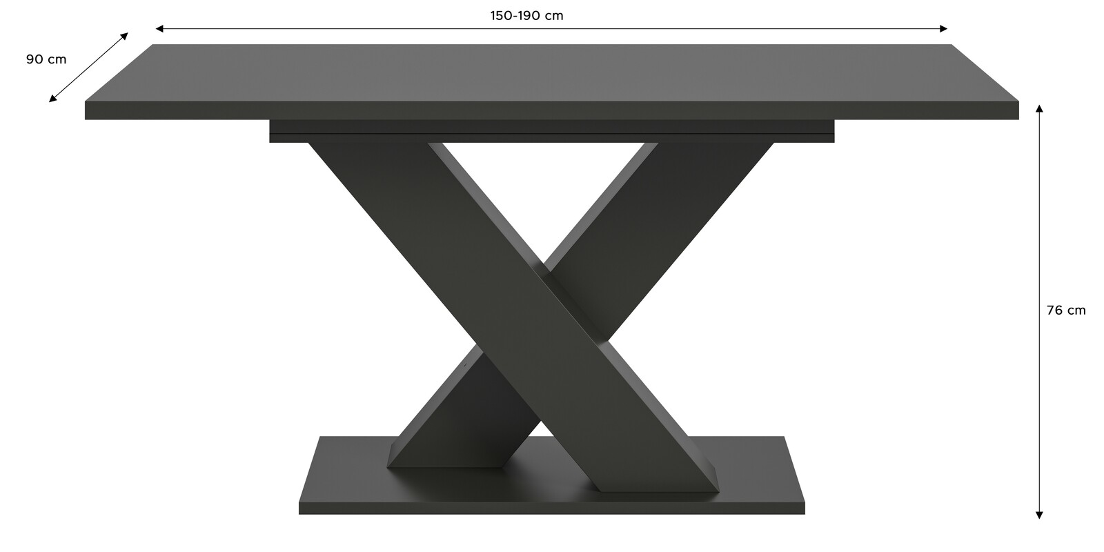 Moderner Esstisch mit X-förmigem Gestell, seitliche Perspektive, Maße: 150-190 cm Länge, 90 cm Breite, 76 cm Höhe.