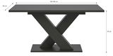 Moderner Esstisch mit X-förmigem Gestell, seitliche Perspektive, Maße: 150-190 cm Länge, 90 cm Breite, 76 cm Höhe.