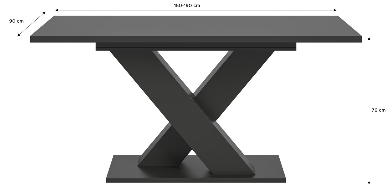 Moderner Esstisch mit X-förmigem Gestell, seitliche Perspektive, Maße: 150-190 cm Länge, 90 cm Breite, 76 cm Höhe.