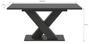 Moderner Esstisch mit X-förmigem Gestell, seitliche Perspektive, Maße: 150-190 cm Länge, 90 cm Breite, 76 cm Höhe.