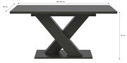 Moderner Esstisch mit X-förmigem Gestell, seitliche Perspektive, Maße: 150-190 cm Länge, 90 cm Breite, 76 cm Höhe.