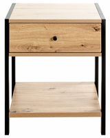 Moderne Nachtkommode aus Holz mit schwarzem Metallrahmen, Frontalansicht