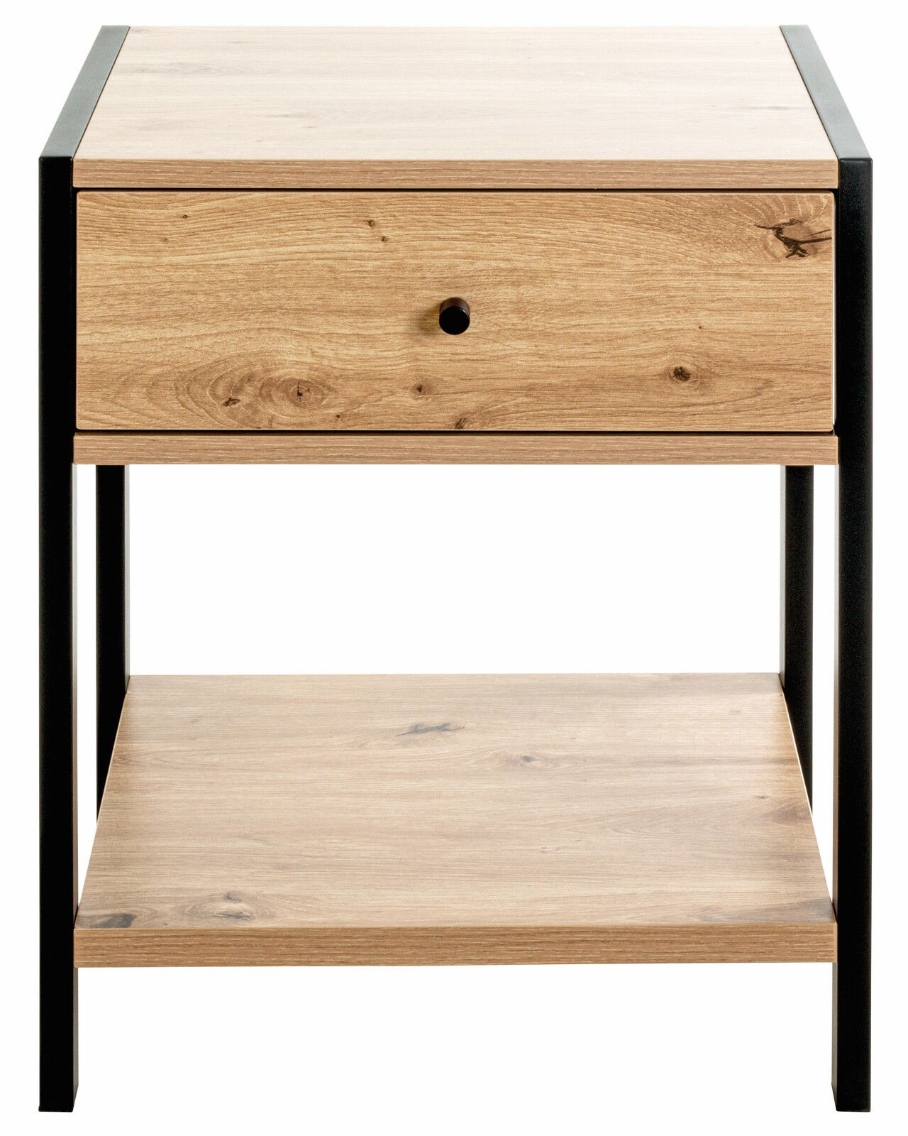 Moderne Nachtkommode aus Holz mit schwarzem Metallrahmen, Frontalansicht