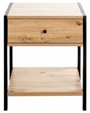 Moderne Nachtkommode aus Holz mit schwarzem Metallrahmen, Frontalansicht