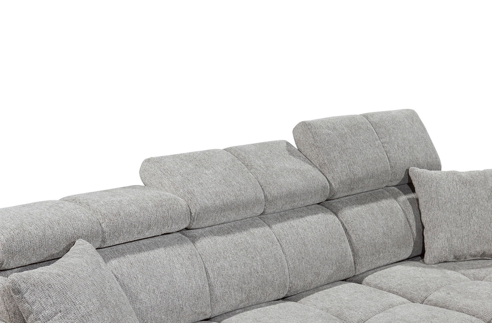 Graues Sofa mit verstellbaren Kopfstützen, seitliche Perspektive