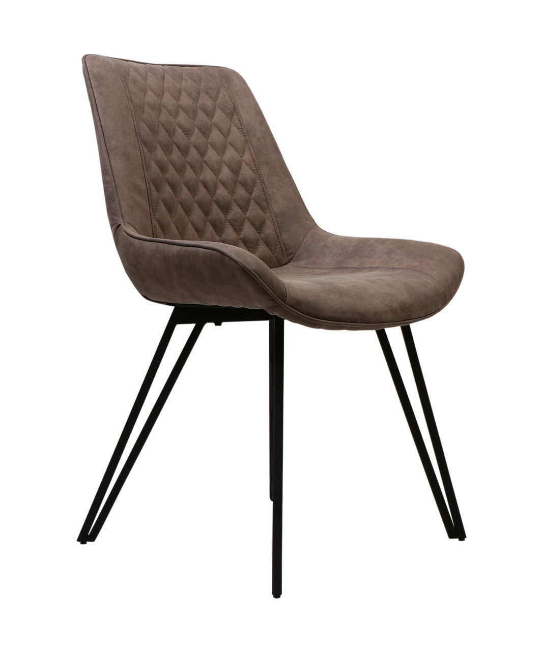 Valdera Stuhl COWBOY Moderner brauner Stuhl mit gesteppter Rückenlehne und schwarzen Metallbeinen, seitliche Perspektive