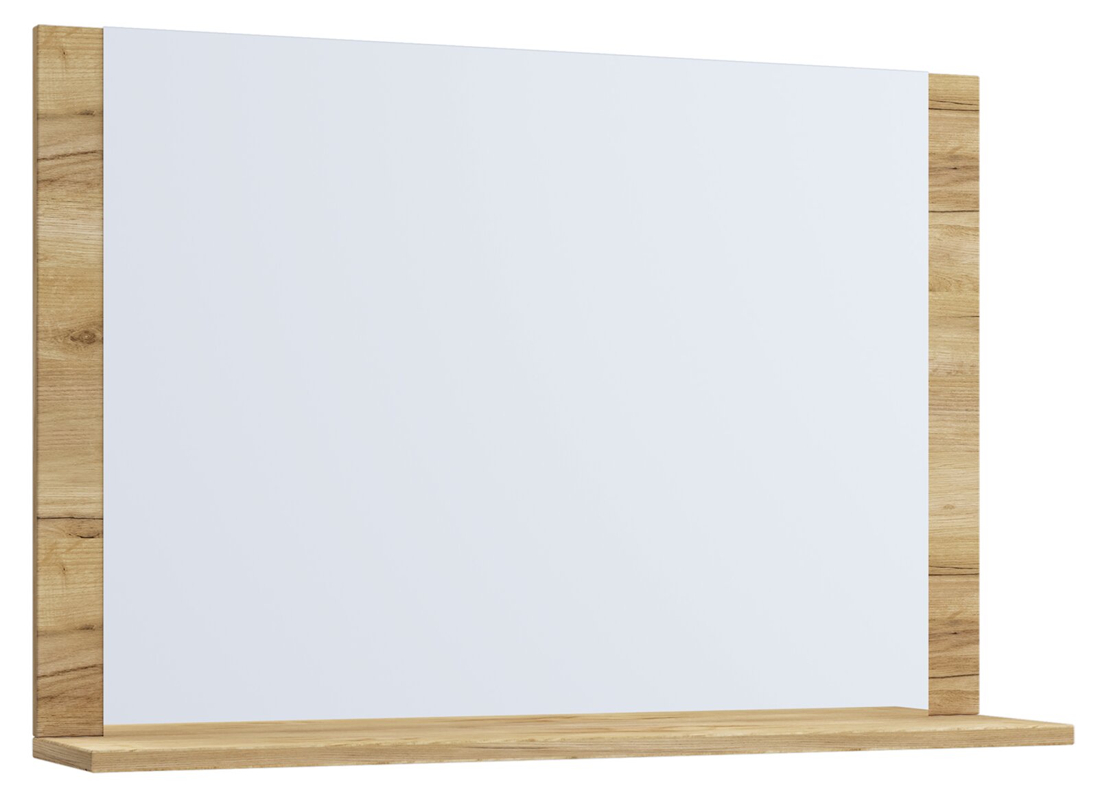 Rechteckiger Wandspiegel mit weißer Spiegelfläche und Rahmen in heller Holzoptik, frontale Ansicht