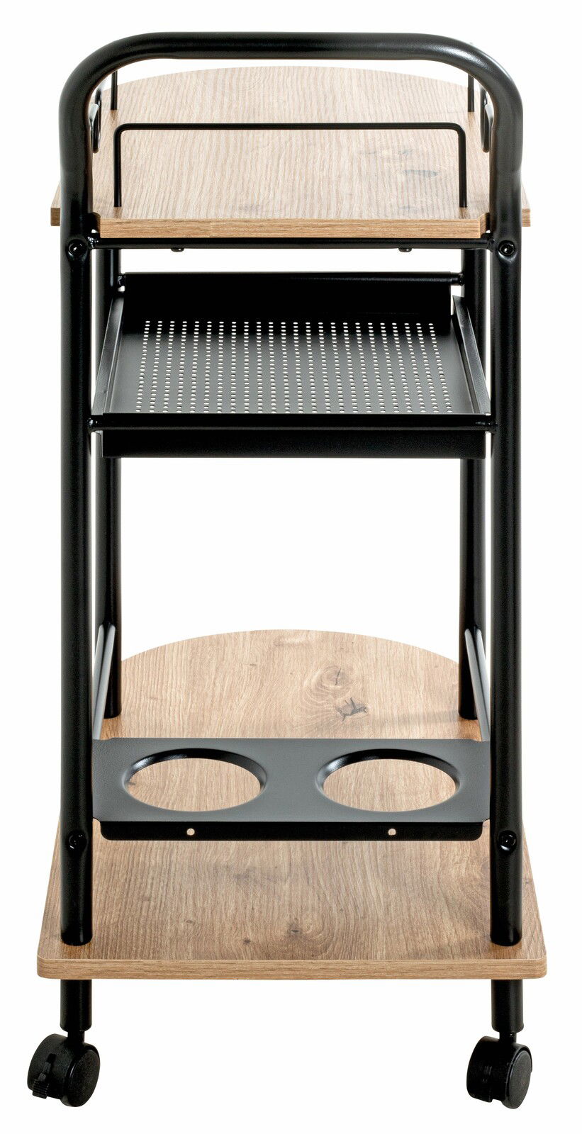 Küchenwagen auf Rollen mit Holz- und Metallregalen, Vorderansicht