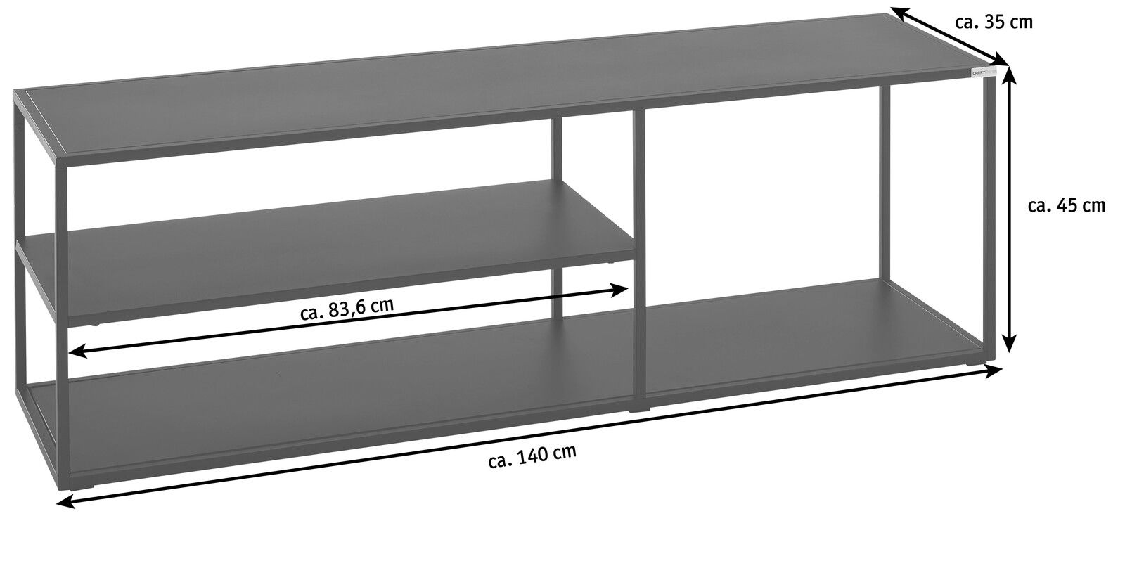 TV-Regalelement aus Metall mit zwei Ebenen, seitliche Perspektive, Maße: ca. 140 cm Breite, 45 cm Höhe, 35 cm Tiefe.
