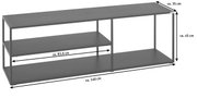 TV-Regalelement aus Metall mit zwei Ebenen, seitliche Perspektive, Maße: ca. 140 cm Breite, 45 cm Höhe, 35 cm Tiefe.