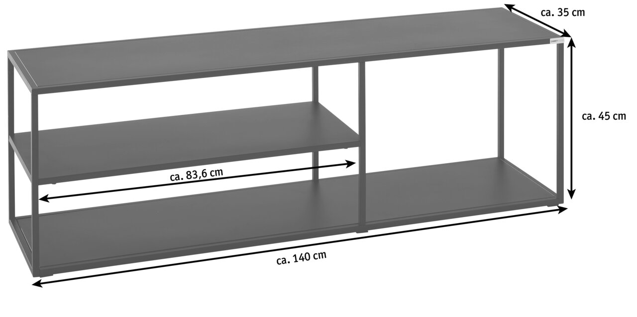 Metalen tv-meubel met twee niveaus, zijaanzicht, afmetingen: ca. 140 cm breed, 45 cm hoog, 35 cm diep.