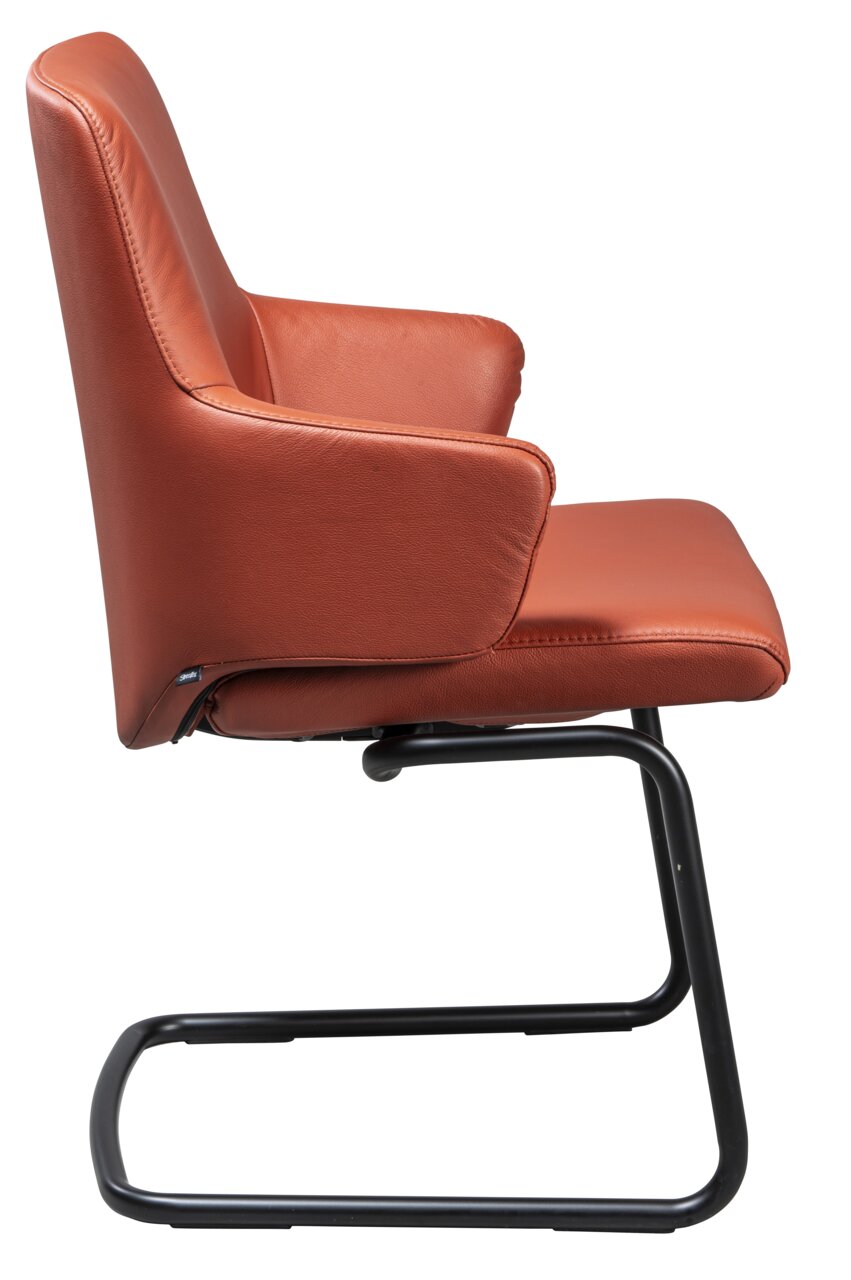 Moderne fauteuil met bruine lederen bekleding en zwart metalen frame, zijaanzicht