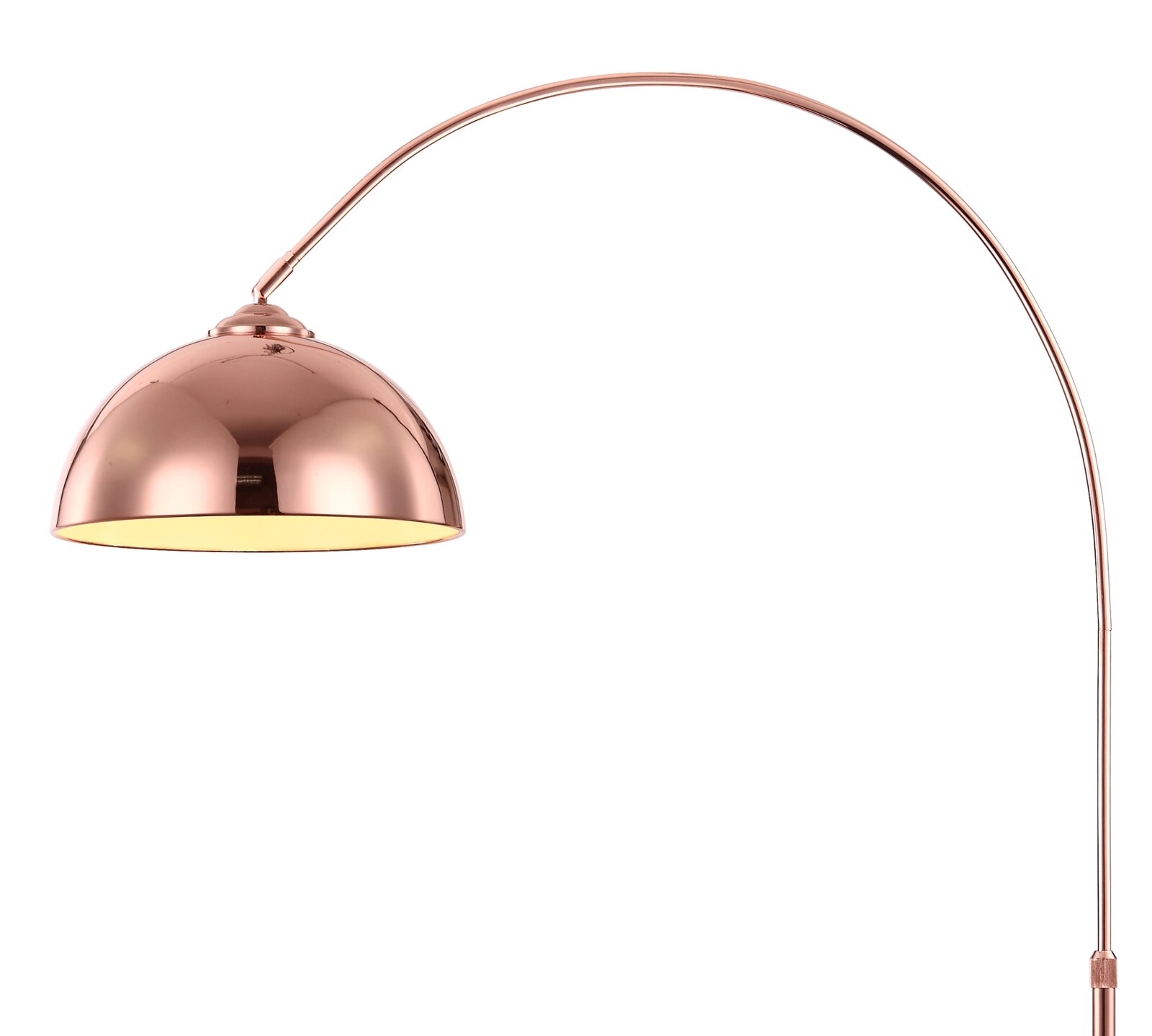 Moderne Stehleuchte mit gebogenem Arm und kupferfarbenem Lampenschirm, seitliche Perspektive