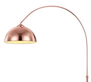 Moderne Stehleuchte mit gebogenem Arm und kupferfarbenem Lampenschirm, seitliche Perspektive