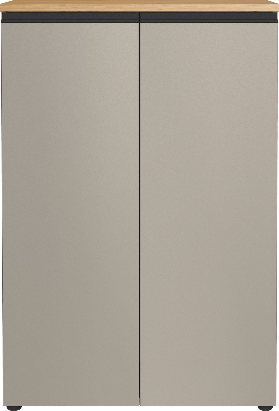Moderner Aktenschrank mit zwei Türen in grauer Farbe und Holzoberfläche, Frontalansicht.