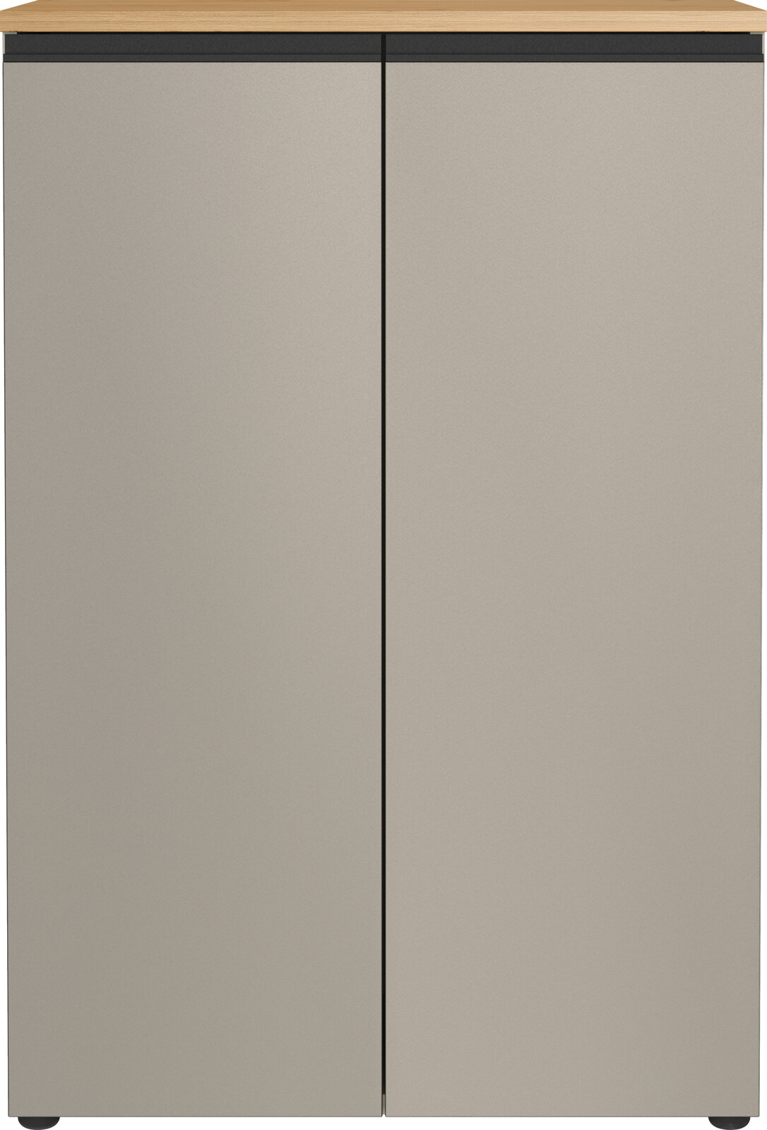 Moderner Aktenschrank mit zwei Türen in grauer Farbe und Holzoberfläche, Frontalansicht.