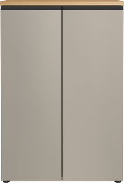 Moderner Aktenschrank mit zwei Türen in grauer Farbe und Holzoberfläche, Frontalansicht.