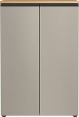 Moderner Aktenschrank mit zwei Türen in grauer Farbe und Holzoberfläche, Frontalansicht.