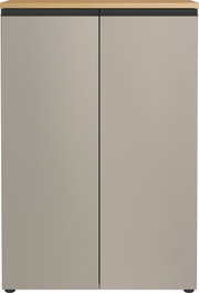 Moderner Aktenschrank mit zwei Türen in grauer Farbe und Holzoberfläche, Frontalansicht.