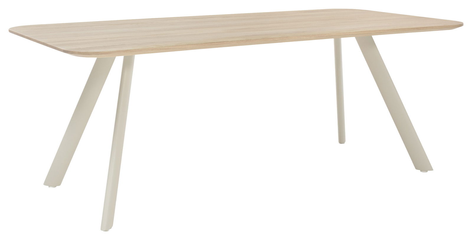 Moderner Esstisch aus Holz mit schrägen Metallbeinen, seitliche Perspektive