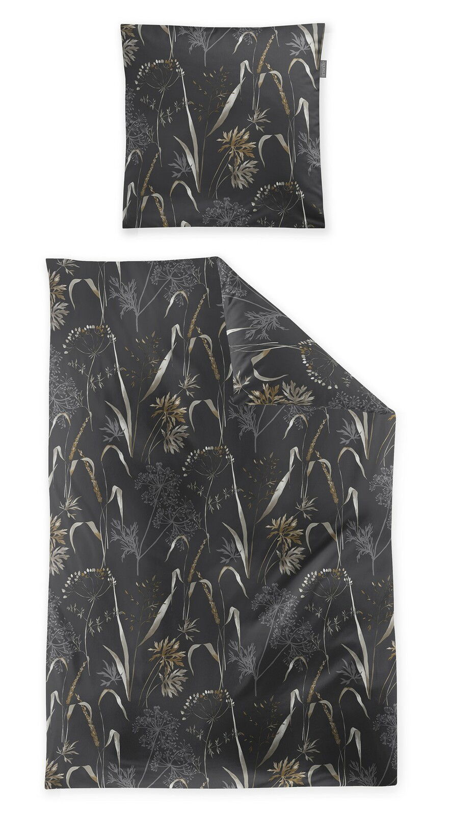 irisette Bettwäsche KOALA Bettwäsche-Set mit floralem Muster in dunklen Tönen, bestehend aus einem Kissenbezug und einem Bettdeckenbezug, aus der Vogelperspektive fotografiert.