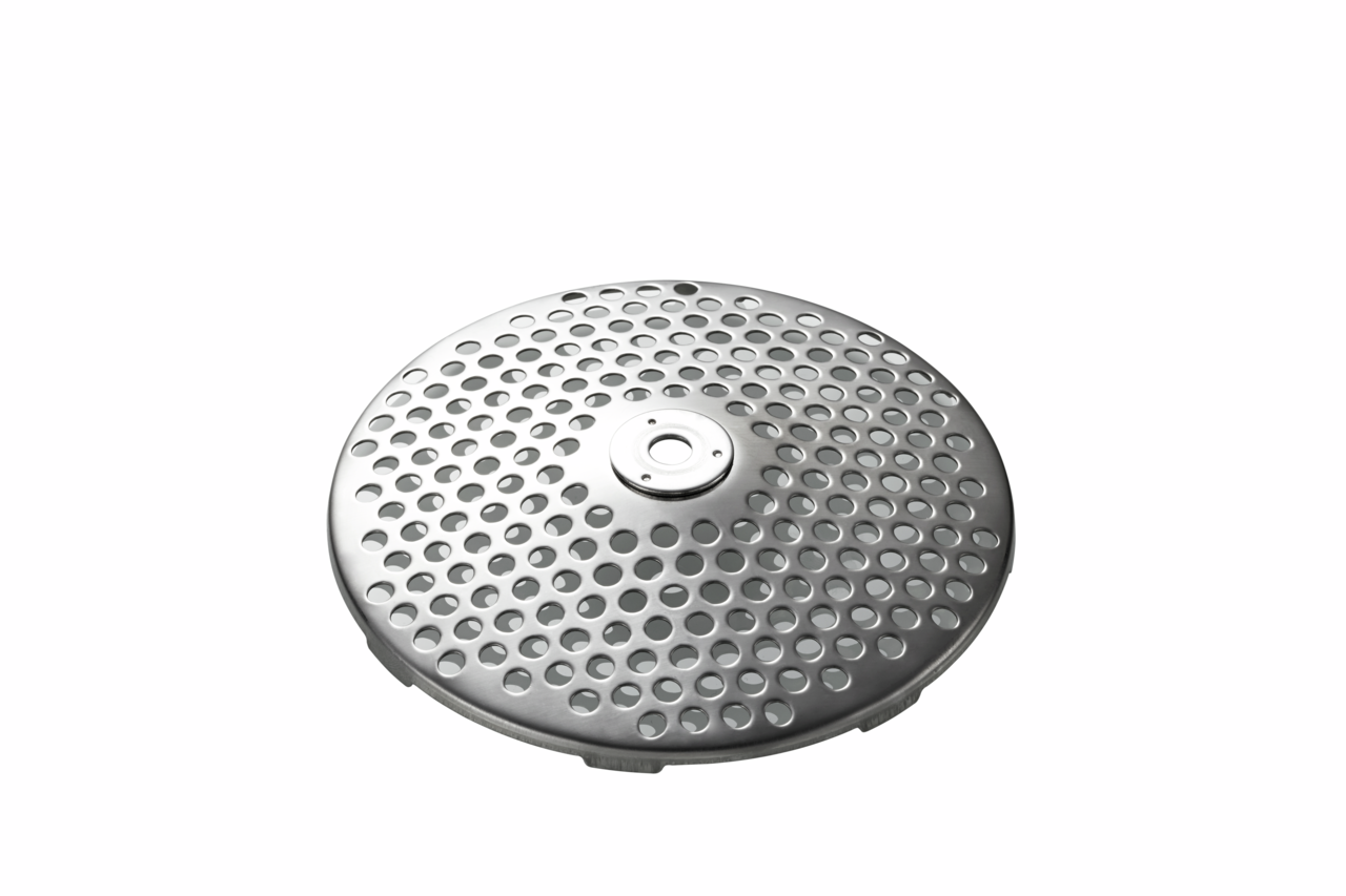 Metallscheibe mit vielen Löchern, von oben betrachtet.
