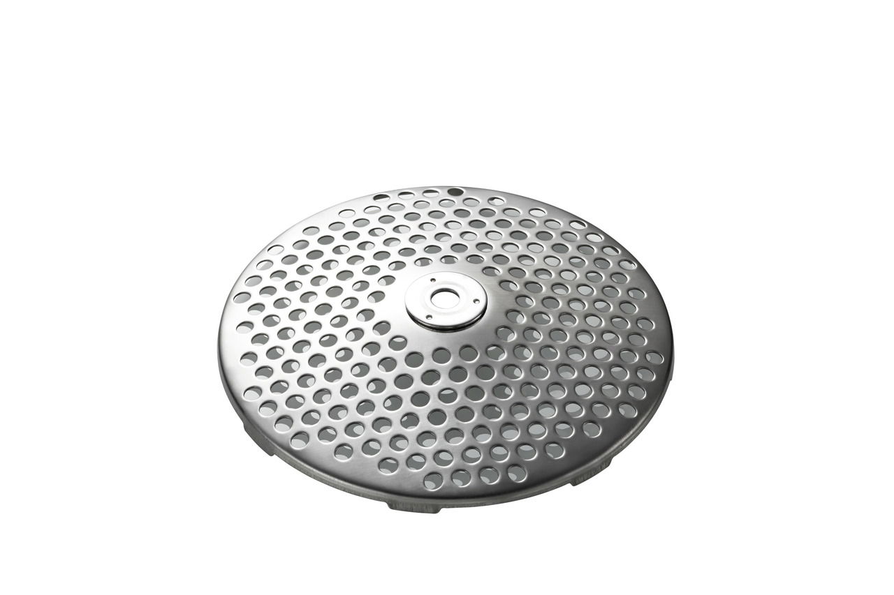 Metallscheibe mit vielen Löchern, von oben betrachtet.